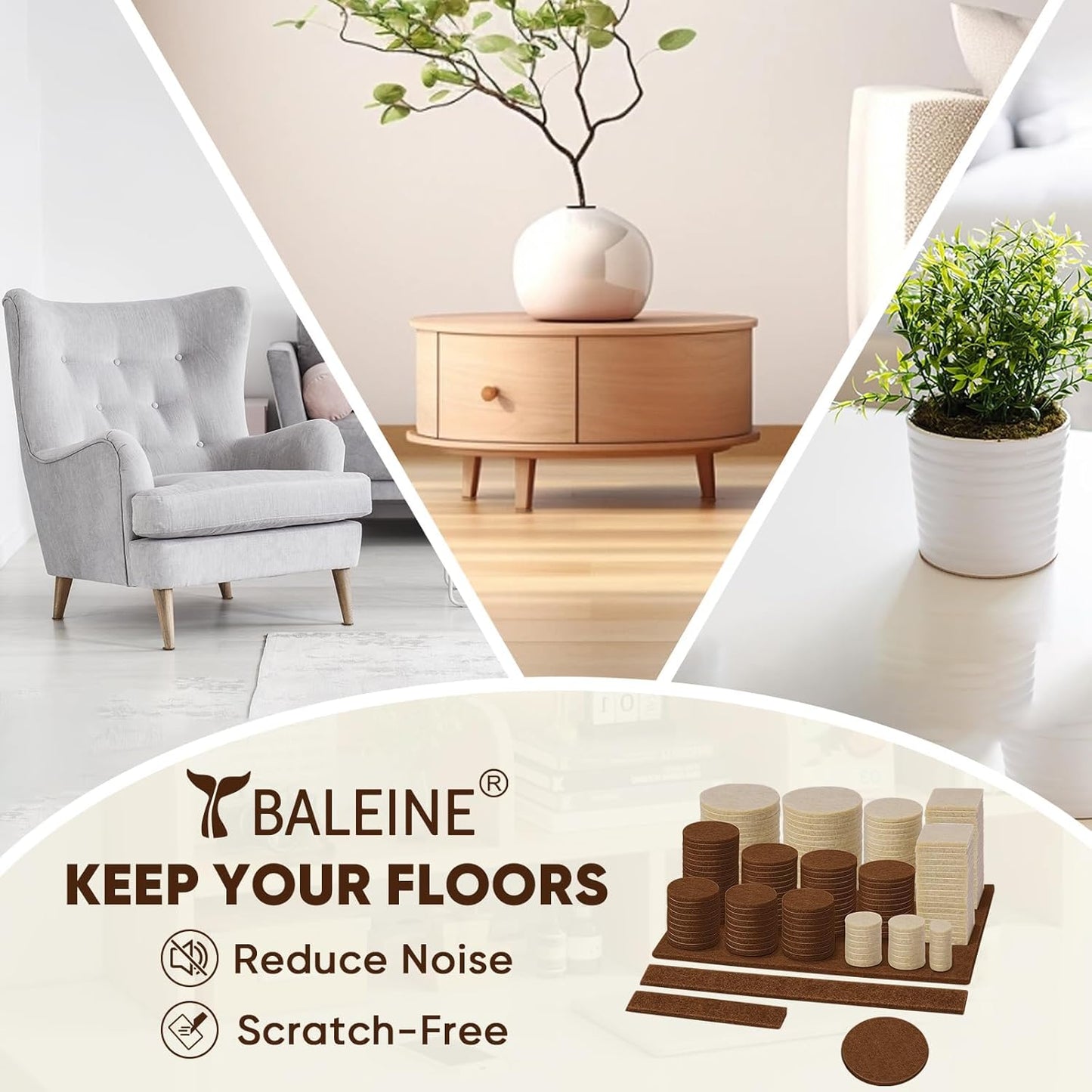 BALEINE 300PCS Felt Furniture Pads, Multi-Size Felt Pads for Chair Legs, Tables, Beds, Scratch-Reducing Floor Protectors for Hardwood Floors, Tile, Vinyl, and Laminate (300PCS, Beige+Brown)