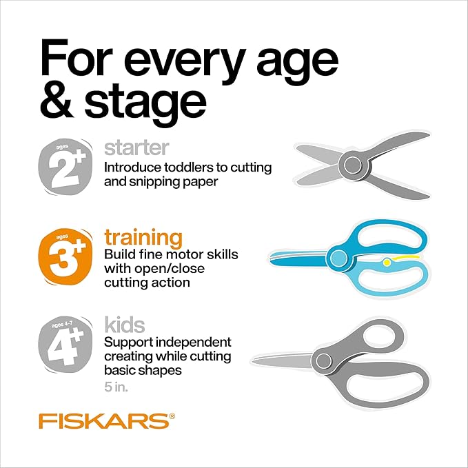 Fiskars Kids Scissors, Toddler Safety Scissors, Spring-Action Training Lever & Blunt Tips for Ages 3+, 6-Pack, Assorted Colors
