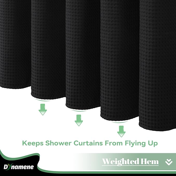 Dynamene Fabric Shower Curtain with Snap in Liner, Black Waffle Hotel Shower Curtains for Bathroom, Washable Waterproof Cloth Shower Curtain Liner Set with Plastic Hooks, Mesh Top Window, 72x72