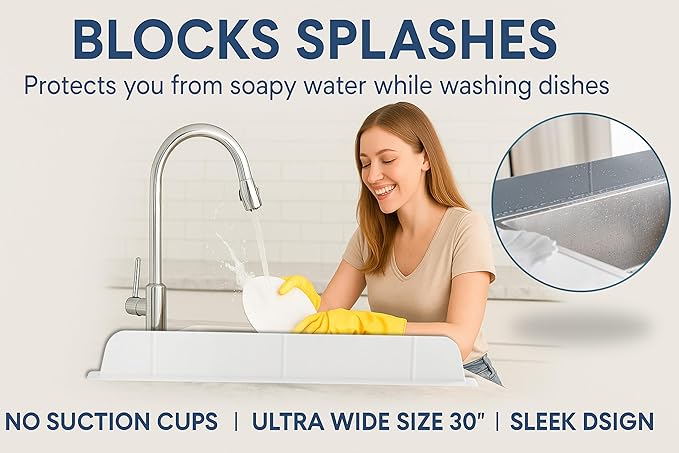 30 inch(75cm) Premium Kitchen Sink Silicone Water Splash Guard SIZE UPGRADE 30" and new package - NO Suction Cups, Ultra Wide 30" - Made in Korea (Ultra Wide Eco White)
