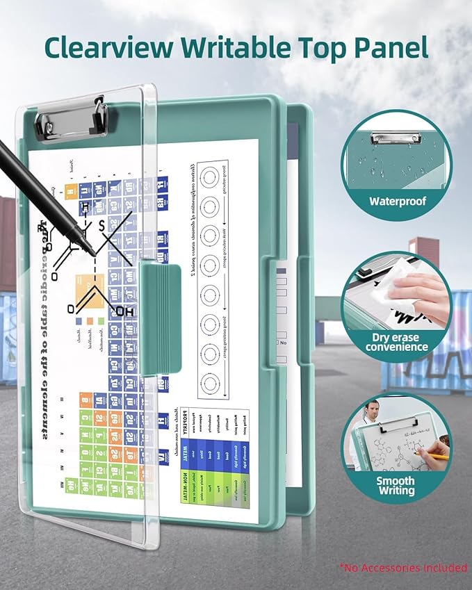 Clearview Clipboard with 2 Storage, Dry Erase 8.5x11 Heavy Duty ClipBoards - High Capacity Coaches Clip Board with Pen Holder - Side Opening Plastic Nursing Clip Case (Turquoise)