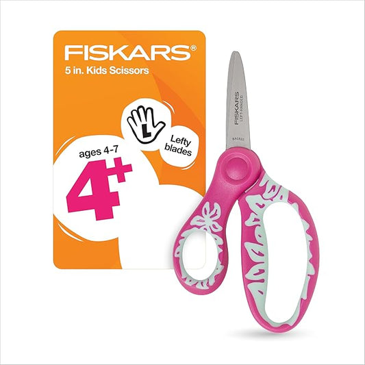 Fiskars 5" SoftGrip Left-Handed Kids Scissors, Pointed Tip, Pink/Light Blue Floral, Safety Edge for Precision Cutting
