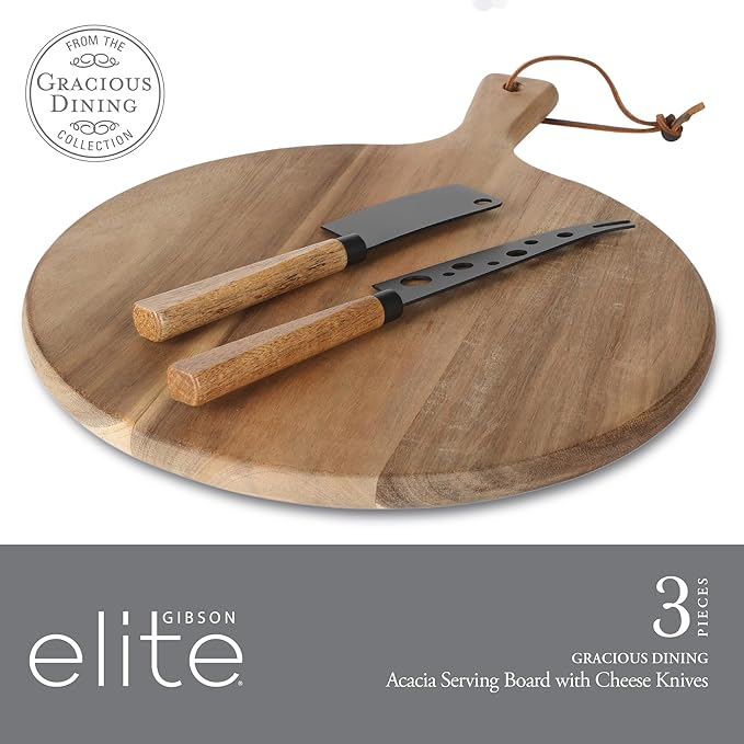 Gibson Home Gracious Dining 3 Piece Charcuterie Serving Board W/Stainless Cheese Knives and Round Acacia Wood Board