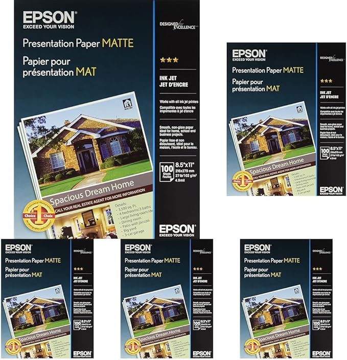 Epson Presentation Paper Matte,8.5 x 11 Inch,(S041062),White,100 Count (Pack of 5)