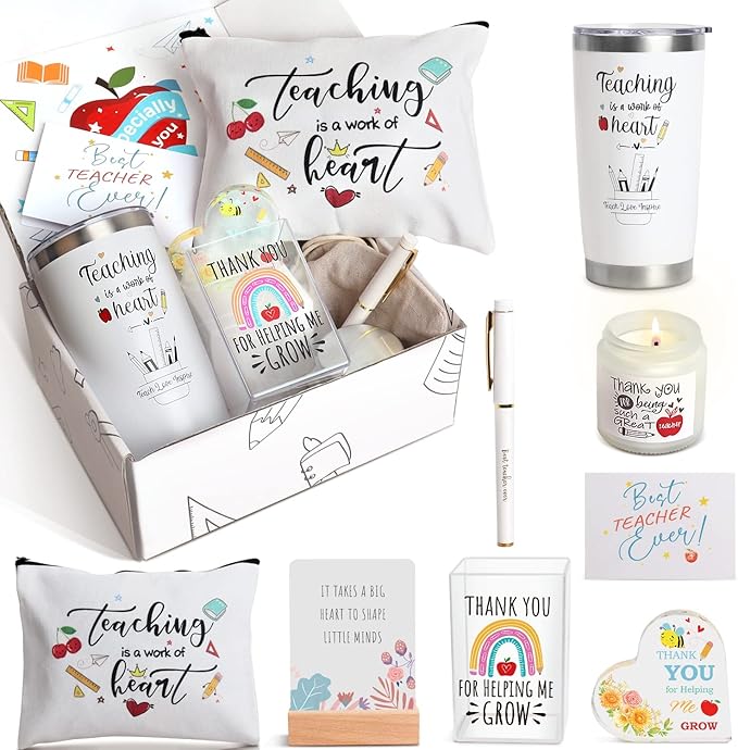 UAREHIBY 10 PCS Best Teacher Appreciation Gifts for Women,20 OZ Wine Tumbler Back to School Gifts for Teachers,Personalized Thank You Basket Box with Cosmetic Bag for New Teacher