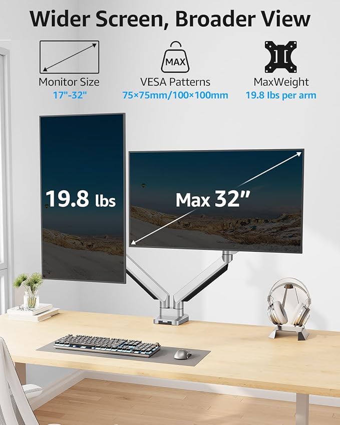 MOUNTUP Dual Monitor Desk Mount, Die-Cast Aluminum Fully Adjustable Double Monitor Arm, Computer Monitor Stand Fits 2 Screen 17 to 32 inch - Each Arm Holds 4.4-19.8LBS, MU0024