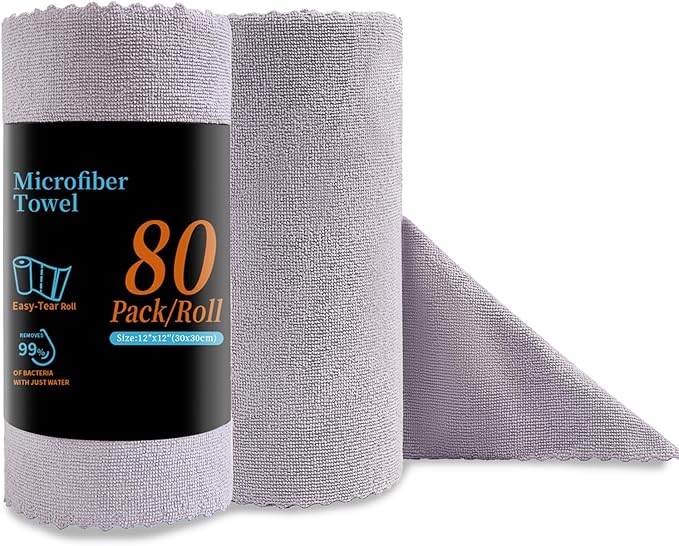 Jessy Home 80 Pack Microfiber Cleaning Cloth Roll Reusable Paper Towels 12"x12" Tear Away Cloth, Microfiber Towels for Cars, Wash Cloths, Lint Free Rags for House, Kitchen,Window,Cleaning Supplies