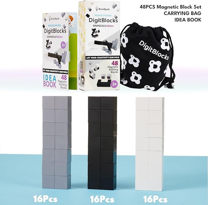 BrainSpark 48PCS Black White Grey DigitBlocks Magnetic Building Cube Set, Sensory STEM Education Preschool Magnet Toys for 3-9 Year Old Boys and Girls