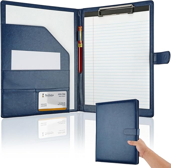 Professional Padfolio with Clipboard, Faux Leather Portfolio Folder Binder, Legal Pad Holder for A4 Letter Size Notepad, Resume, Writing Pad, Ideal Organizer for Business Office Conference (Blue)