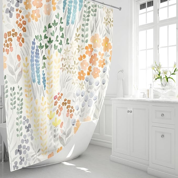 Long Shower Curtain 72 x 78 Inch, Tall Cute Floral Shower Curtain for Bathroom, Orange Wildflower Boho Cottagecore Fabric Shower Curtain Set with Hooks