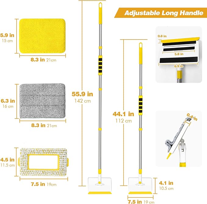JEHONN Baseboard Cleaner Tool with Handle, 56 inches Base Boards Cleaning Mop Scrubber, 1 Stiff Bristles Brush, 2 Chenille and 2 Microfiber Pads, Wall Duster for Floorboard Ceiling Window (Yellow)