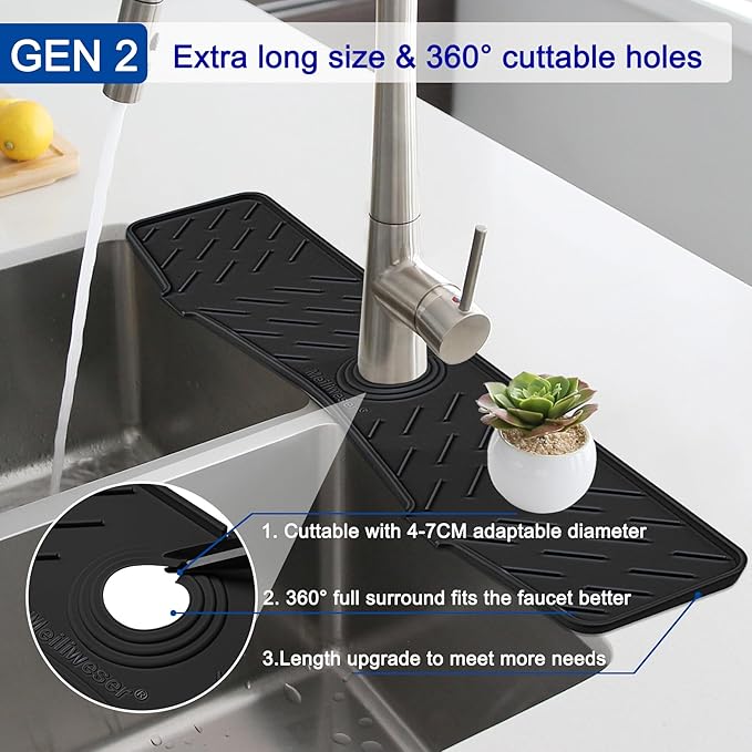 Meiliweser Faucet Mat for Kitchen Sink – 24” x 5.1” Extra-Long Silicone Splash Guard with 10° Slope & Upgraded Drainage – Gen 3 Sink Water Catcher & Sponge Holder for Kitchen, Bathroom (Black)
