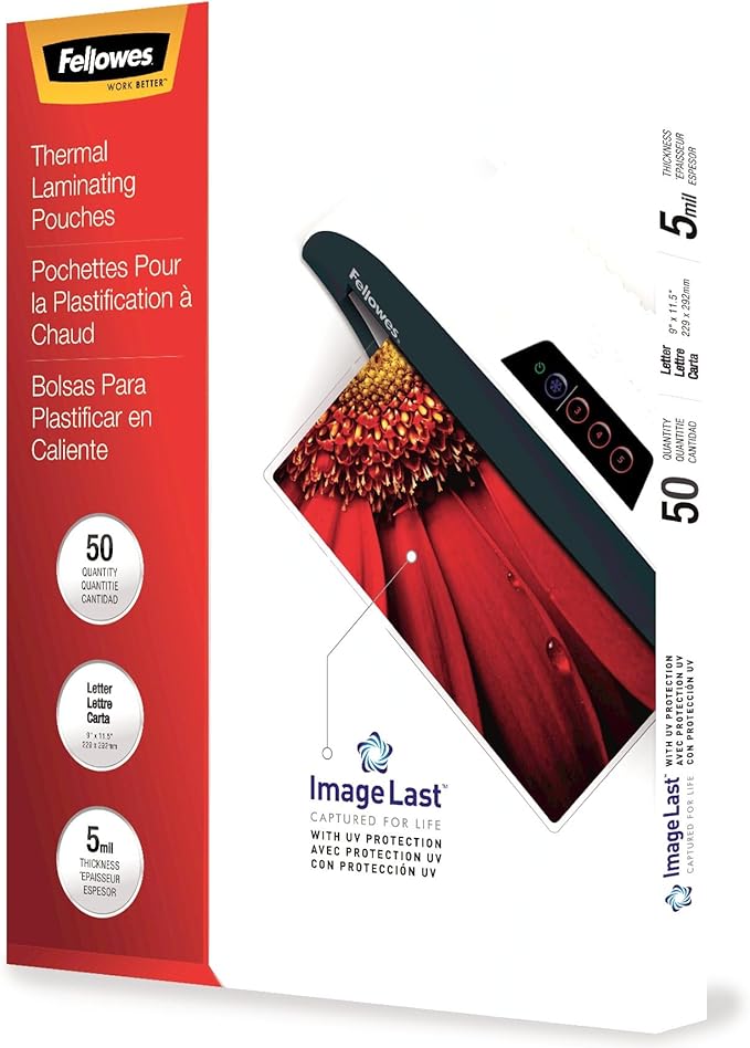 Fellowes Thermal Laminating Pouches, ImageLast, Jam Free, Letter Size, 5 Mil, 50 Pack (5204002)
