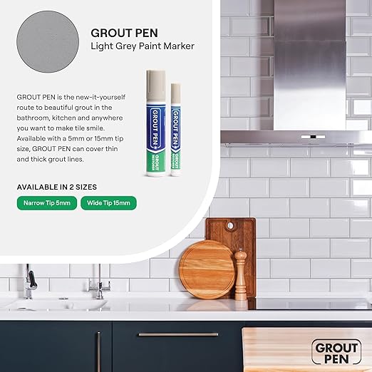Grout Pen Light Grey Tile Paint Marker: Waterproof Grout Paint, Tile Grout Colorant and Sealer Pen - Light Grey, Narrow 5mm Tip (7mL)