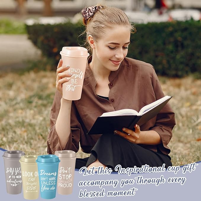 12 Pcs Inspirational Gifts for Employee Coworkers Staff Teammate, 16oz Reusable Plastic Coffee Cups with Positive Sayings, Bundle Gifts for Woman Man Coworker (Light Morandi,Inspirational)