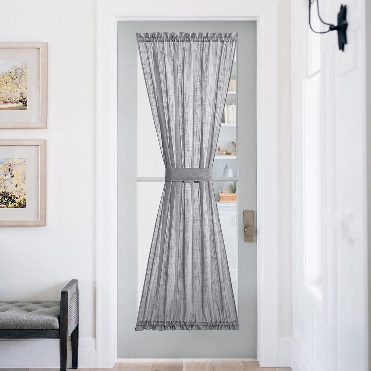 NICETOWN Sheer French Door Panel - 72 inches Linen Textured Voile Room Darkening Patio French Door Curtain with Tie Backs for Sliding Glass (Dark Grey, 1 Panel, 52 inches Width)