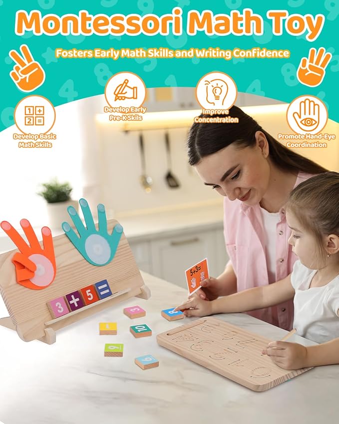 Montessori Learning Toys for Toddlers 2-4, Double-Sided Finger Counting & Number Tracing Board, Number Blocks,Solid Pine Wood Educational Math Toy for Kids Boys Girls Ages 3 4 5 Year Old Birthday Gift