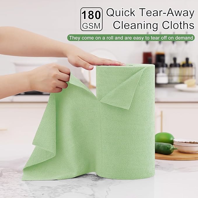 Homaxy Tear Away Dish Cloths Rolls, 75 Sheets-11.8" X 11.8", Reusable Washable Dish Towels for Kitchen, Ultra Absorbent and Quick Drying Microfiber Cleaning Rags, Green