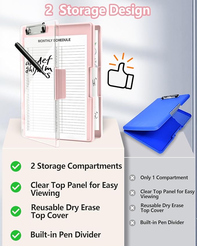 Clearview Clipboard with 2 Storage, Dry Erase 8.5x11 Heavy Duty ClipBoards - High Capacity Coaches Clip Board with Pen Holder - Side Opening Plastic Nursing Clip Case (Pale Pink)