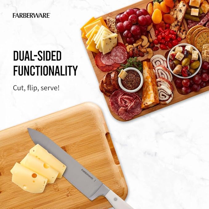 Farberware Build-A-Board Bamboo Cutting Board with Built-In Compartments & Clear Locking Lid, Black Handles – Charcuterie, Snack Tray, Food Prep and Serving Platter