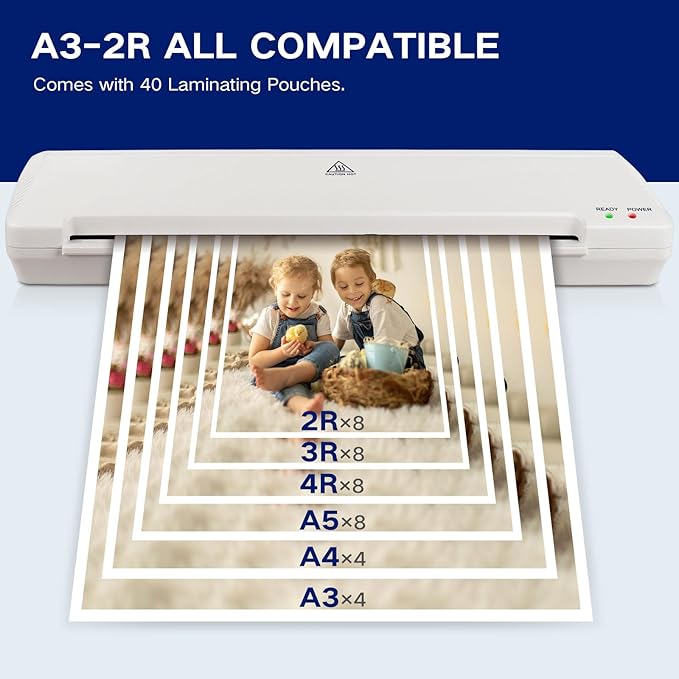 Laminator 13 Inch A3 Laminator Machine, 7 in 1 Desktop Thermal Laminator Never Jam with 40 Laminating Pouches, Paper Trimmer and Corner Rounder, Fast Warm-Up Home Office School Use, White