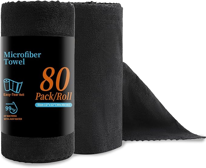 80 Pack Microfiber Cleaning Cloth Roll Reusable Paper Towels 12"x12" Black Tear Away Cloth, Microfiber Towels for Cars, Wash Cloths, Lint Free Rags for House, Kitchen,Window,Cleaning Supplies