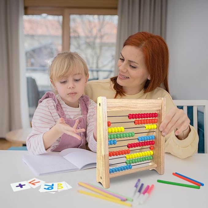 Wooden Abacus for Kids Math - 10 Row Bead Counting Frame with Counting Sticks & Number Alphabet Cards, Learn Counting, Educational Gift for Toddlers, Preschoolers - Ideal for Home, School & Daycare