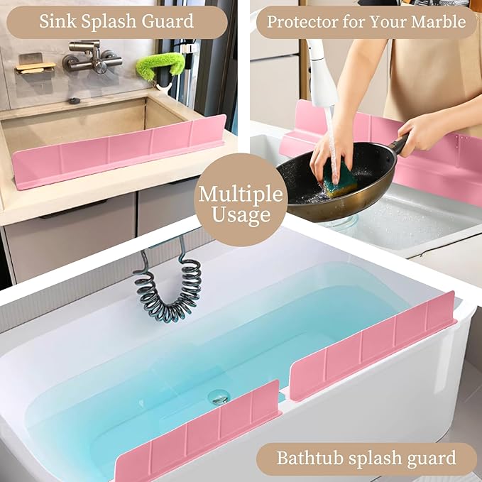 23" Ultra Silicone Sink Splash Guard Released in 2025/Dec,Self-Draining Water Splash Guard for Kitchen Sink,Bathroom and Island,with 3.5" High Splash Guard & 7 Strong Suction Cup (Pink)