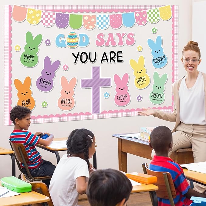 Easter Christian Bulletin Board Decorations God Says You are Religious Classroom Paper Cutouts Inspirational Cross Bunny Decor for Sunday School Church Classroom Chalkboard Wall Decor Teacher Supplies