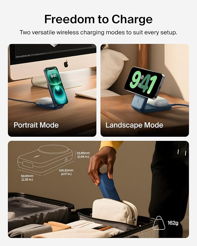 Belkin MagSafe Charger Compatible, 2-in-1 Charging Station, Qi2.2 25W Magnetic Wireless Charger Dock, Foldable Stand, with 5W USB-C Port, for iPhone 17/16/15, Pixel 10, AirPods (45W Adapter Included)