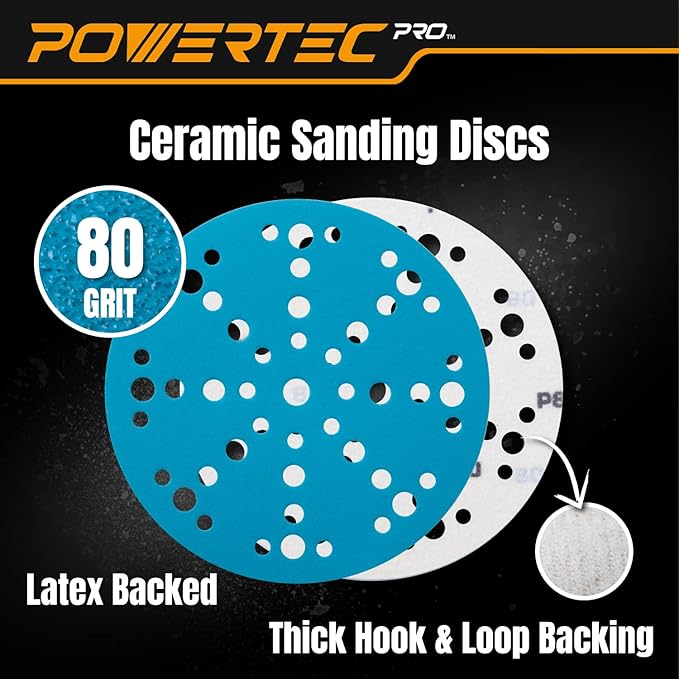 POWERTEC PRO 46101C 50PK 6 Inch 49 Holes Sanding Disc & Abrasive Cleaning Stick, 80 Grit Ceramic Hook and Loop Backing Sandpaper for Festool Random Orbital Sanders-Automotive, Metal, Woodworking