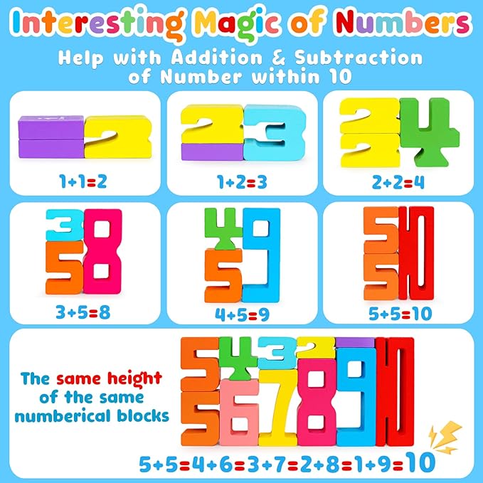 Montessori Wooden Number Building Blocks Toys for Toddlers Kids Stacking Number Blocks 1-10 Preschool Math Learning Educational Toys for 3 4 5 Year Old Boys Girls Gifts 3-5 Balance Competition Game