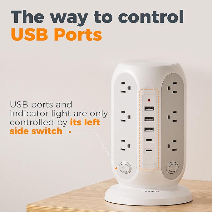 TESSAN Tower Power Strip with Individual Switches, Surge Protector with 12 Outlets, 5 USB Ports(2 USB C), Flat Extension Cord 10 Ft, 1250W, Charging Station for Multiple Devices, for Office, Dorm