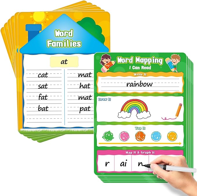 12 Packs Word Families Read and Rhyme Phonemic Awareness Dry Erase Board, Speech Therapy Phonics Games Flash Cards, Elkonin Boxes Science of Reading Spelling Manipulatives Classroom Must Have