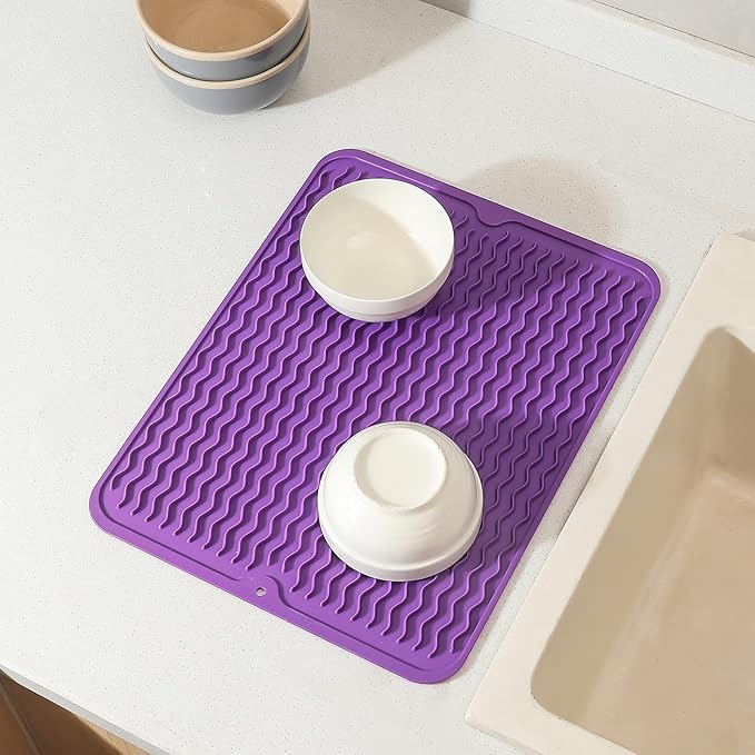 Silicone Dish Drying Mat for Multiple Usage,Easy clean,Eco-friendly,Heat-resistant Silicone Mat for Kitchen Counter or Sink,Refrigerator or drawer liner Purple L 16 inches x 12 inches