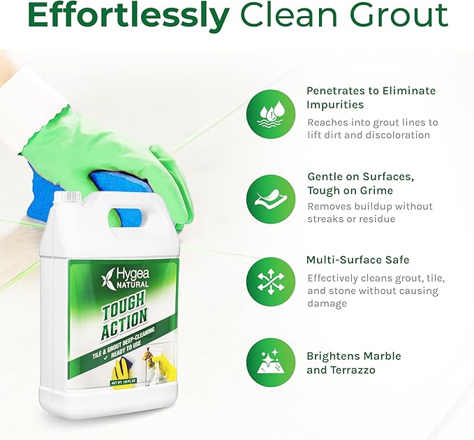 Hygea Natural Tough Action Tile & Grout Cleaner - Deep Cleans Dirt & Scum, Conditions & Enhances Stone Color - Acid-Free & Residue-Free Biodegradable Formula (Ready to Use Gallon)