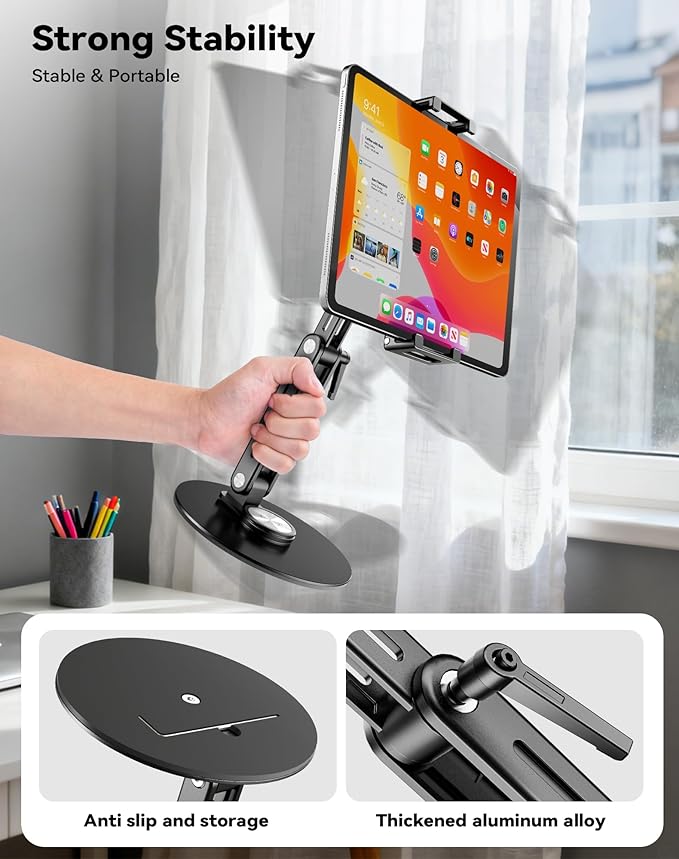 Portable Monitor Stand Large Clamp - Heavy Duty Aluminum Body support up to 4.4LBS 16" 17.3" 18.5 inch 360° Rotating Base Swivel Foldable Desk Stand for iPad Holder Tablet Mount for Kitchen/Travel