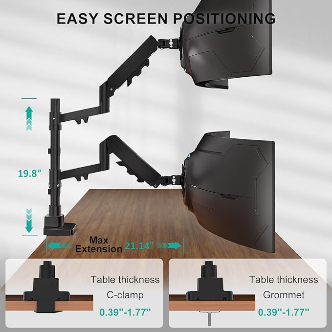 WALI Vertical Dual Monitor Mount for 17-49 inch Ultrawide Curved Screens, Heavy Duty Stacked Dual Monitor Stand for Desk, Adjustable Gas Spring Monitor Arm up to 33lbs, VESA Mount 75/100mm, Black