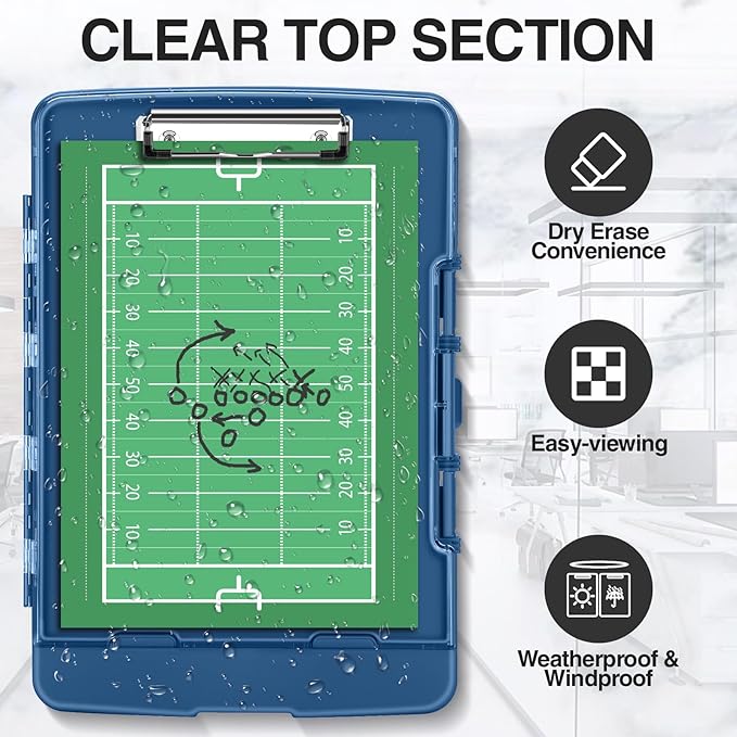 Sooez Original Clipboard with 2 Storage & Pen Holder, Heavy Duty Clip Boards 8.5x11 with Dual Storage, Clearview Dry Erase Coach Clipboard with Real Hinge, High Capacity, School & Office Supplies