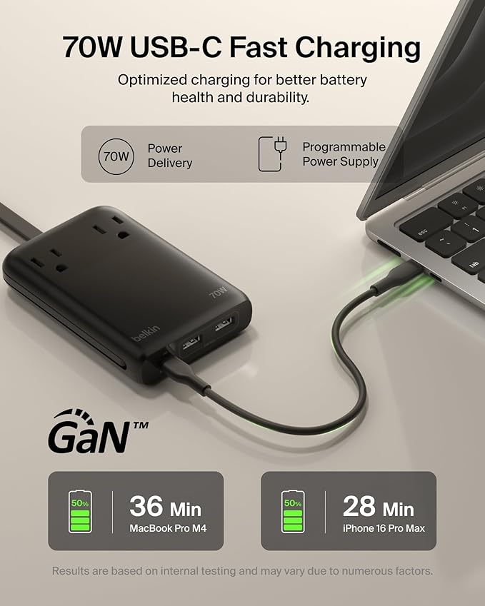 Belkin Travel Power Strip 70W, 6-in-1 GaN Charging Station USB C Charger w/ 2 AC Outlets, 2 USB A Ports, Integrated USB C Cable - Power Strip for iPhone, Apple Watch, iPad, MacBook, Chromebook, Laptop