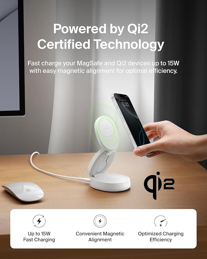Belkin MagSafe Charger Compatible, 3-in-1 Qi2 15W Wireless Charging Station, Convertible Wireless Charger for iPhone 17, Apple Watch, AirPods, Pixel 10, Phone Stand for Travel w/ 36W Adapter - White