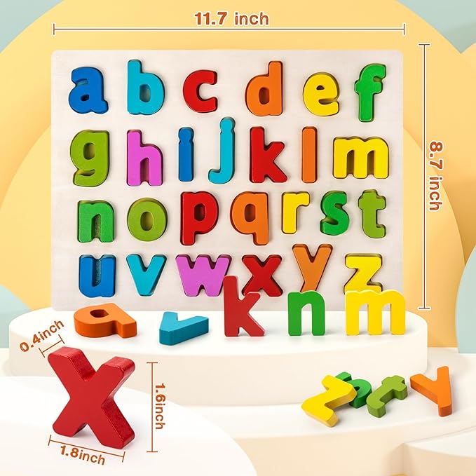 Alphabet Puzzle Wooden Puzzles for Toddlers, ABC Puzzle Shape Alphabet Learning Puzzles Toys with Puzzle Board & Letter Blocks for Preschool Girls Boys Lowercase Letter Puzzle