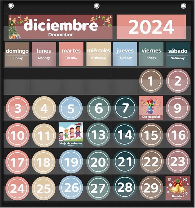 Monthly Calendar Pocket Chart for Classroom, Printed Days of The Week with Cards, Learning for Home or Kindergarten, Teacher Must Have Supplies That Fits Any School Décor (Spanish Black)