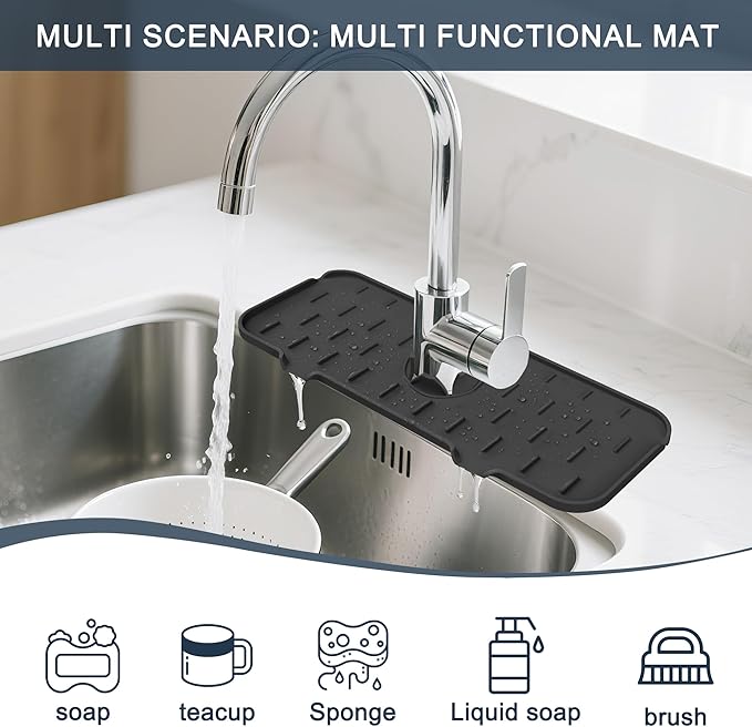 Kitchen Faucet Sink Splash Guard, Silicone Faucet Water Catcher Mat – Sink Draining Pad Behind Faucet, Grey Rubber Drying Mat for Kitchen & Bathroom Countertop Protect -Black