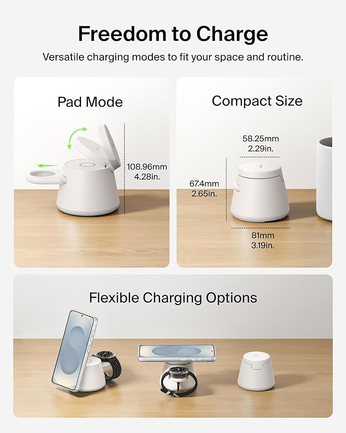 Belkin 3-in-1 Wireless Charging Station for Samsung Galaxy S26, Android - Qi2.2 25W Magnetic Charger for Pixel 10, iPhone 17, USB C Port for Galaxy, Pixel, & Apple Watch (Watch Charger Not Included)