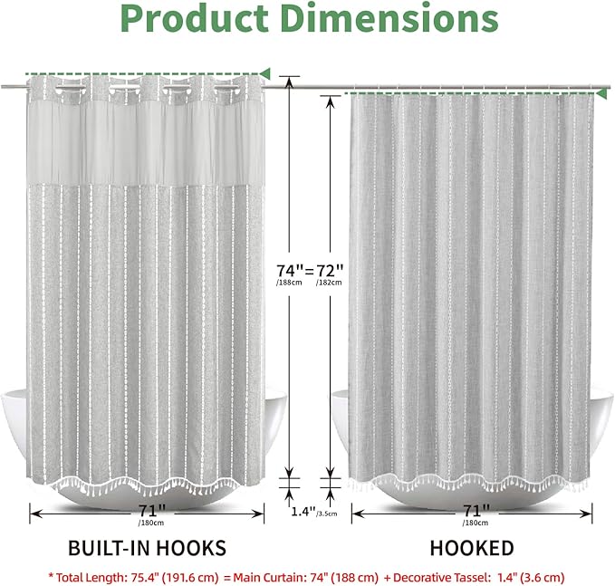 Grey Farmhouse No Hook Shower Curtain Set with Snap-in Fabric Liner,Boho Heavy-Duty Linen Textured Rustic Striped Design,Water-Repellent with Tassels and Sheer Window,Gray,71x74