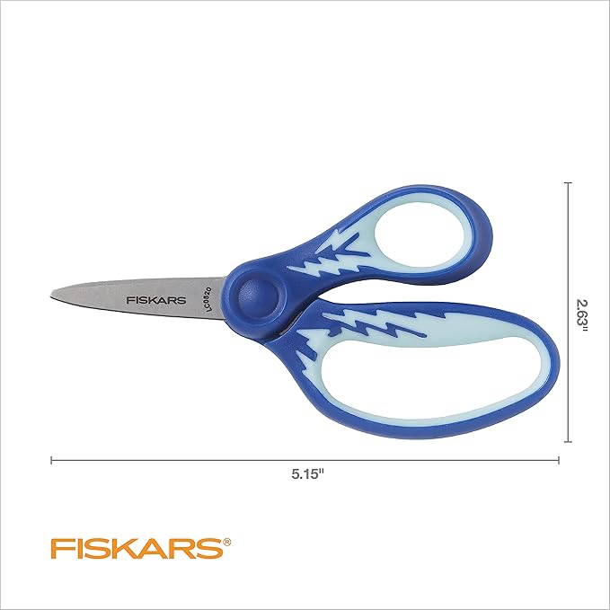 Fiskars 5" SoftGrip Pointed-Tip Scissors for Kids Ages 4-7, Scissors for School or Crafting, Back to School Supplies, Blue Lightning