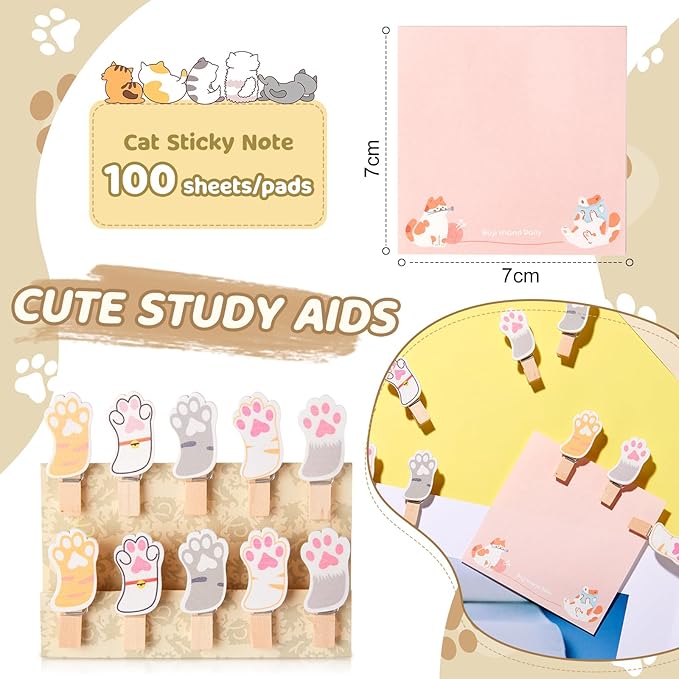 Crtin 69 Pcs Cute Sticky Notes Set,Cartoon Pen, Stickers, Paperclip, Sticky Memos Office & Party Favors (Cat)