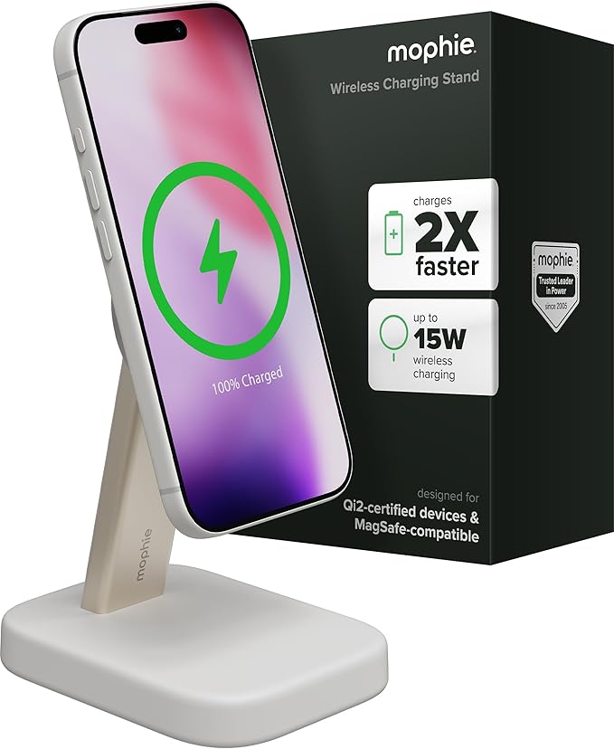 Mophie Wireless Charging Stand - Qi2-Certified, MagSafe Charger for iPhone – Magnetic Fast Wireless Charger with Adjustable Phone Stand & Cable Management – Up to 15W Power