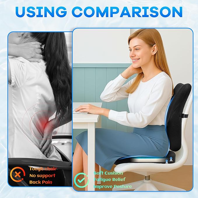 Gel Seat Cushion & Lumbar Support Pillow Set, Cooling Memory Foam for Tailbone & Sciatica Pain Relief, Ergonomic Office Chair Cushion with Breathable Mesh Cover for Car, Home, Wheelchair (Black)